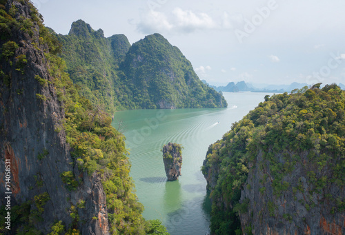 Aerial top view of Khao Phing Kan, Ko Ta Pu, Phang Nga, lush green trees from above in tropical forest in national park in summer season. Natural landscape background.