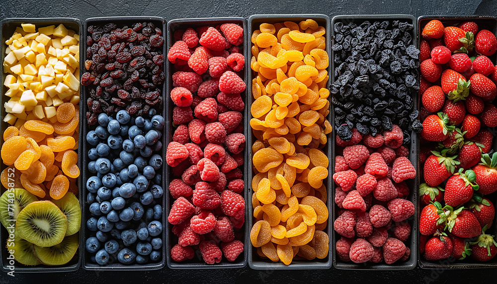Various dried fruits and nuts on a dark wooden table. Top view flat lay healthy lifestyle Various dried fruits and nuts on a dark wooden table. Top view flat lay healthy lifestyle