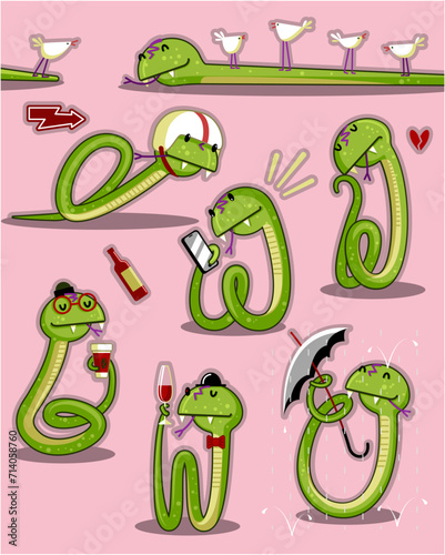 
set of cute green snakes