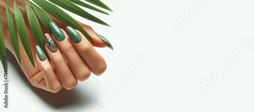 Female hand with vacation stiletto nail design. Glitter green nail polish manicure with rhinestones spider nail art. Female model hand hold tropic leaf on white background. Copy space.  photo