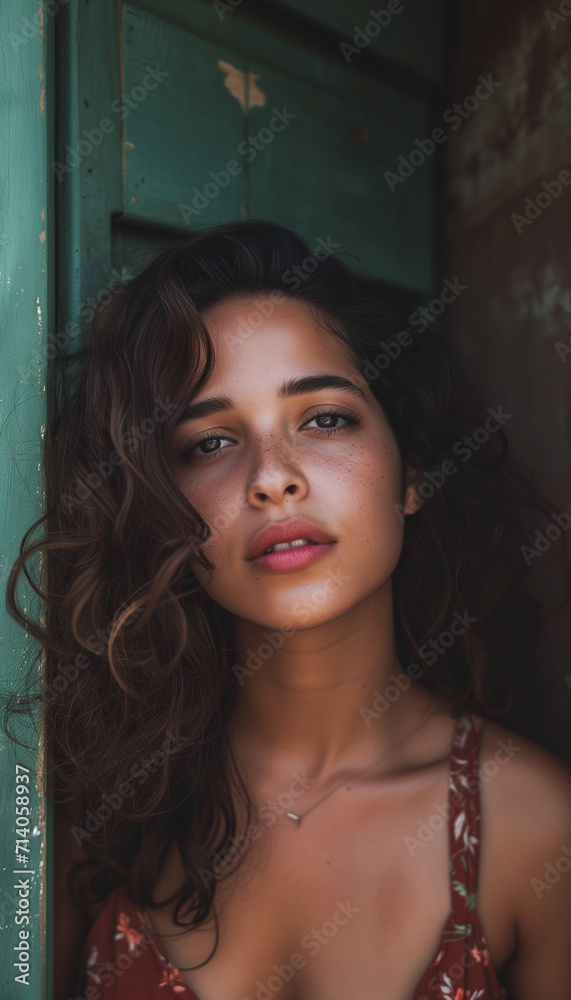 Captivating Elegance: A Stunning Portait of a Latina Beauty with Curly Dark Hair – Fashion, Glamour, and the Irresistible Charm of a Smiling Brunette Captivating Elegance: A Stunning Portait of a Latina Beauty with Curly Dark Hair – Fashion, Glamour, and the Irresistible Charm of a Smiling Brunette