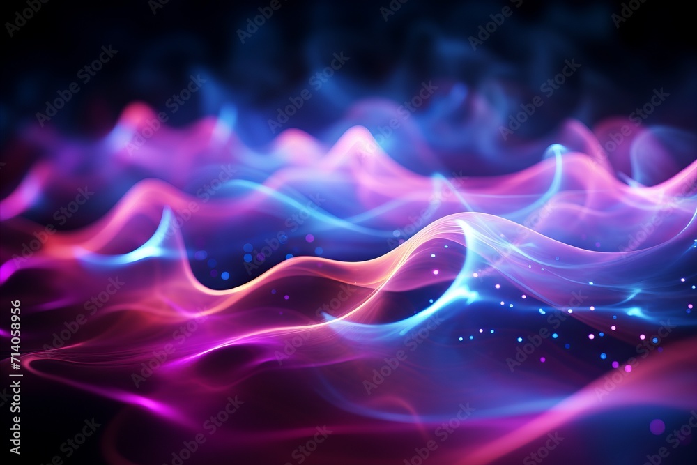 Abstract background. Digital purple and pink wave with luminous particles, shining dots, and stars