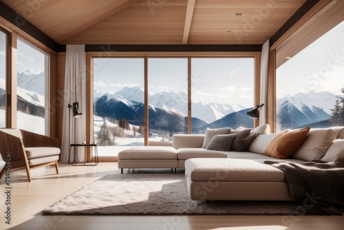 Interior home design of modern living room with corner sofa and table in a wooden room with a view outside the window of a winter snow mountain landscape