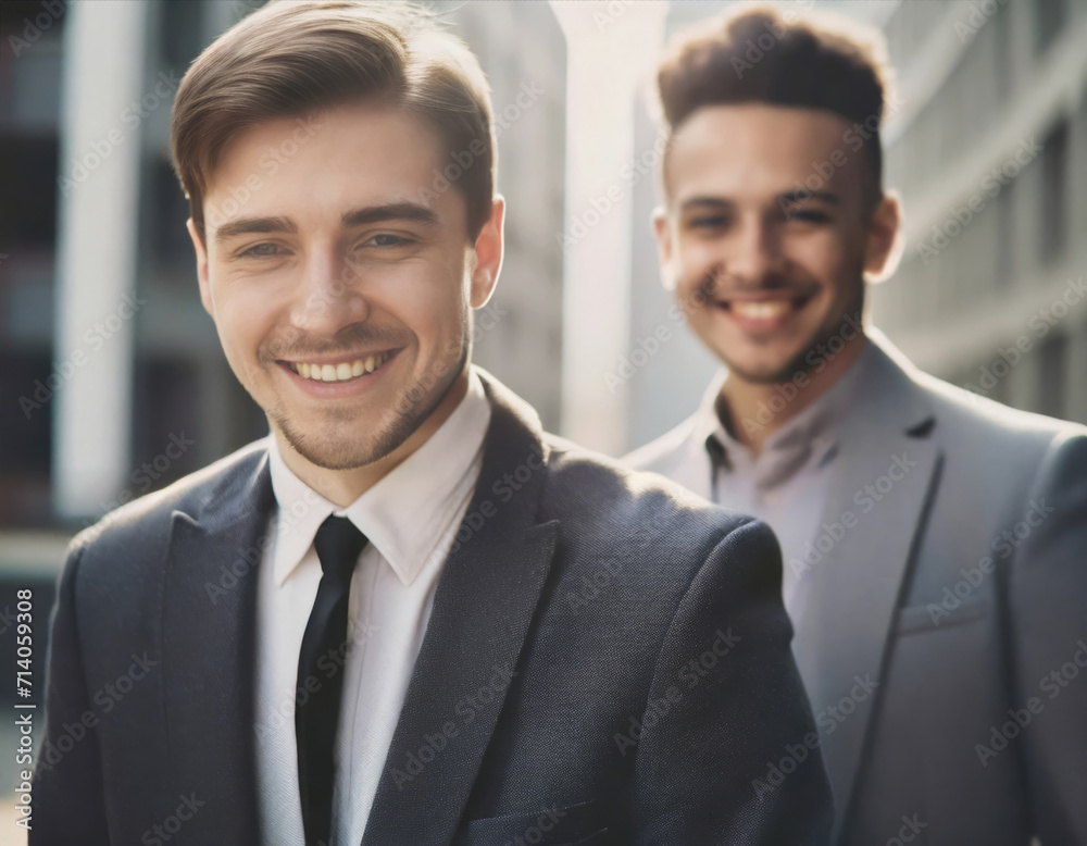 Confident Men in Suits Smiling Together in Corporate Office Confident Men in Suits Smiling Together in Corporate Office