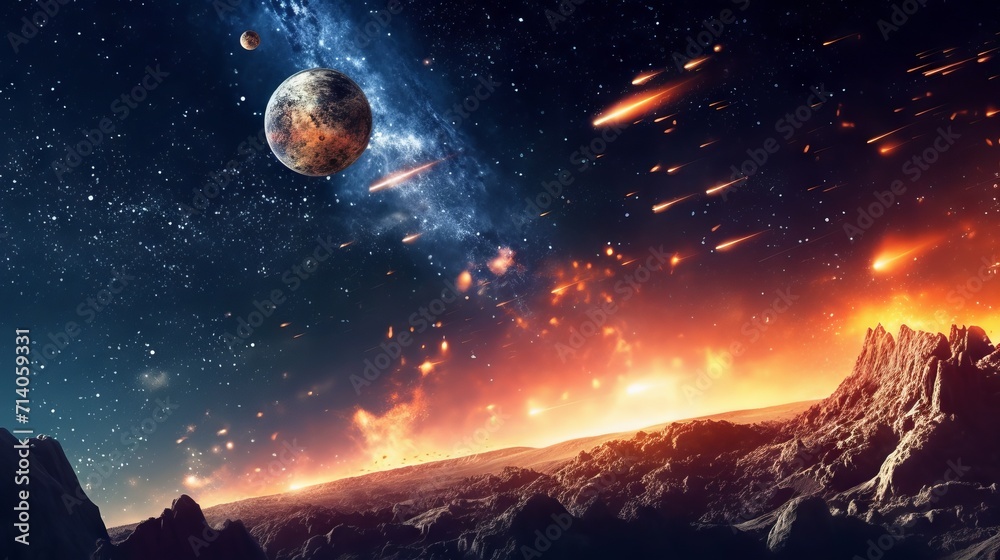 Meteor shower in the night sky over the silhouettes of mountains against the backdrop of sunset. Meteor shower in the night sky over the silhouettes of mountains against the backdrop of sunset.