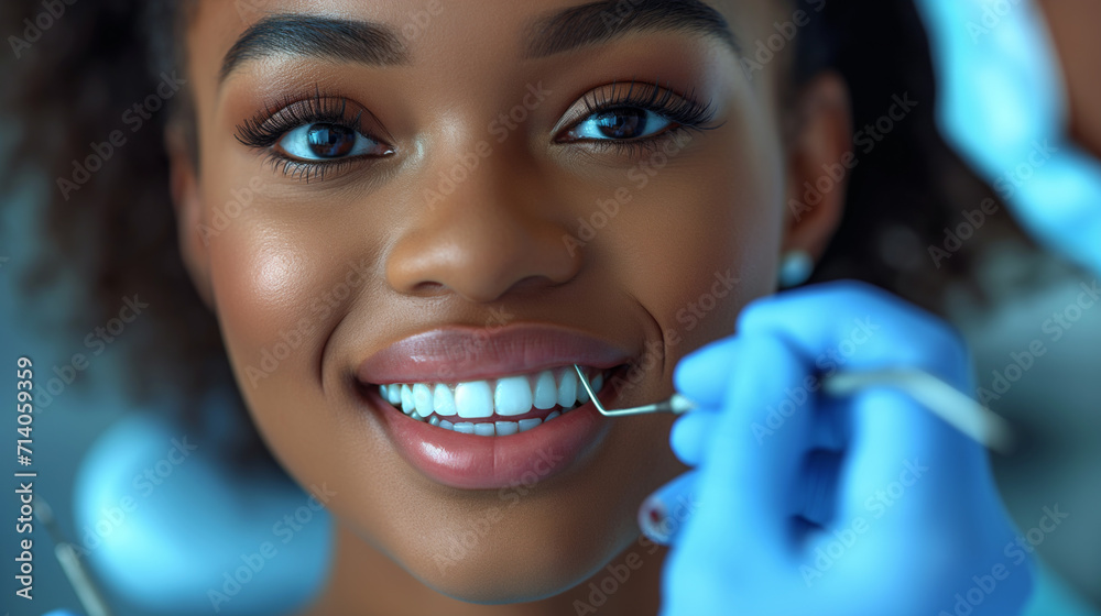 Beautiful black young girl with white teeth is at dentist. Tooth care concept. Selective focus Beautiful black young girl with white teeth is at dentist. Tooth care concept. Selective focus