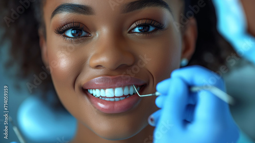 Beautiful black young girl with white teeth is at dentist. Tooth care concept. Selective focus 