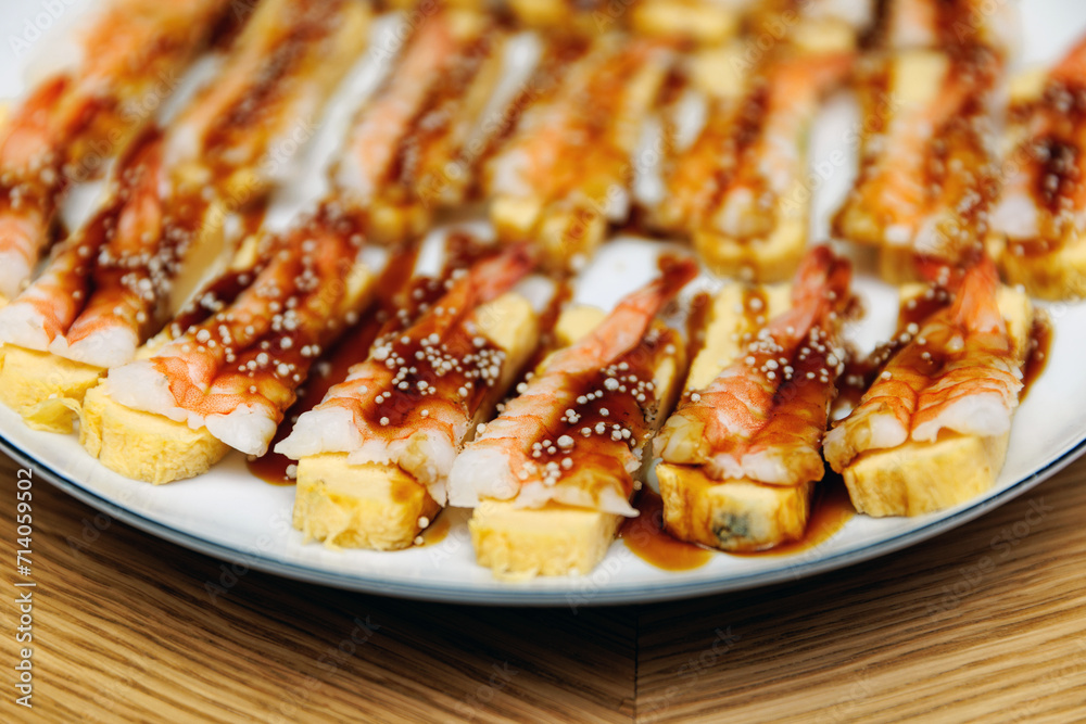 Sandwiches with tiger prawn on the event catering, top view. Sandwiches with tiger prawn on the event catering, top view.