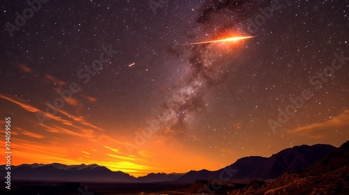 Meteor shower in the night sky over the silhouettes of mountains against the backdrop of sunset.