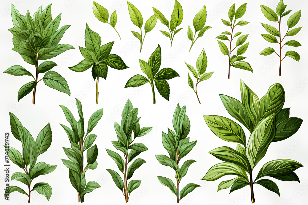 The collection of green leaf set isolated on generative AI