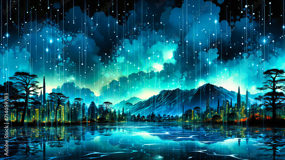 Fantasy Night Skyline with Futuristic City, Mountains, and Galaxy.