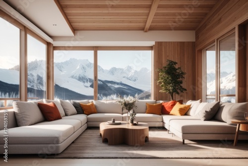 Interior home design of modern living room with corner sofa and table in a wooden room with a view outside the window of a winter snow mountain landscape