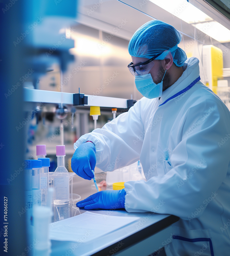 Scientist in hazmat suit testing a drug, making samples.Studying a new virus Scientist in hazmat suit testing a drug, making samples.Studying a new virus
