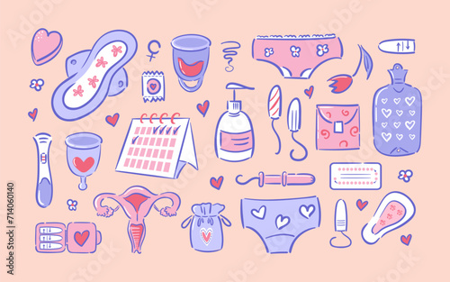 Set of feminine hygiene items in hand draw style. Menstrual cups, calendar. Reusable and disposable pads. Tampons, panties, pregnancy test and birth control pills. Uterus. Women Health. Cycle tracker