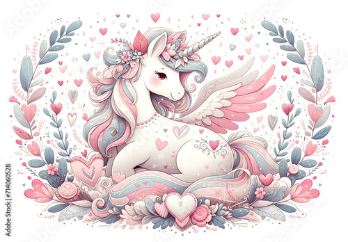 Cute cartoon unicorn with wings, flowers and hearts. Vector illustration.