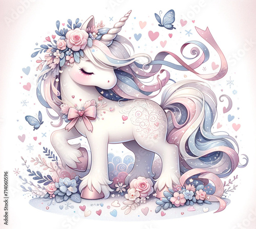 Cute unicorn with flowers and hearts on white background. Vector illustration.