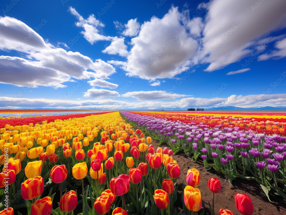 A colorful and lively scene of tulip fields in full bloom, captured in a raw format.