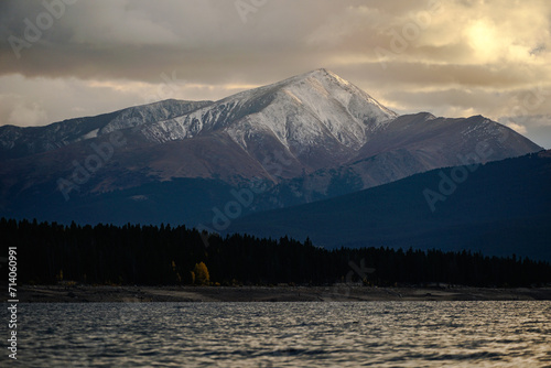 Cloudy, moody sunset with snowy Mt. Elbert in the Colorado Rocky Mountains