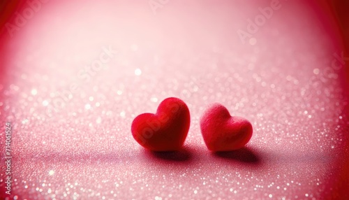 Valentine s Day concept with 3d Red Hearts and blurred silver glitter as background