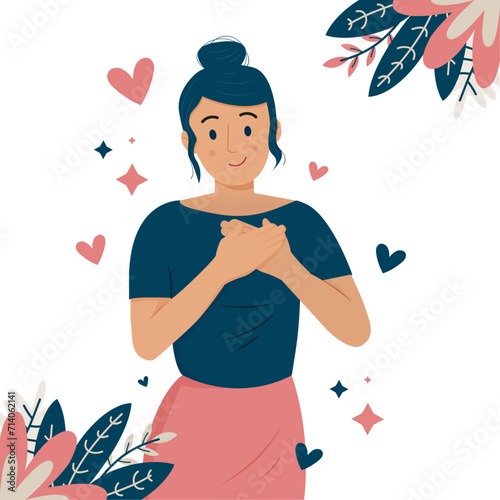 Illustration vectorielle d'un personnage féminin ému - Design festif pour révéler des sentiments - Émotions, cœurs, étoiles et éléments végétaux - Femme la main sur le cœur - Compliment, sentiments 
