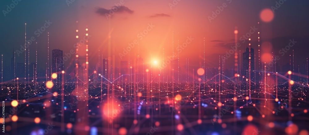 The concept of connecting smart cities and abstract dot points with gradient lines embodies big data connection technology.