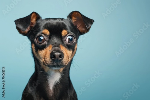 A small black and white pinscher dog in front of an blue background