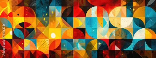Abstract geometric pattern background on the canvas combines triangular, circular and square shapes in a harmonious composition photo