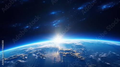 A photorealistic view of the Earth from space with sunlight. Scientific astronomy. Generative AI