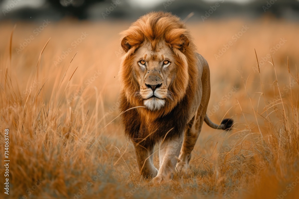 the lion is walking through the grass the lion is walking through the grass