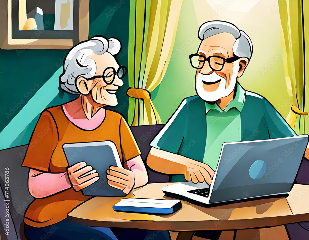 Abstract specifically using laptops, tablets, and mobile devices and Seniors living an active lifesty on digital art concept, Generative AI. Abstract specifically using laptops, tablets, and mobile devices and Seniors living an active lifesty on digital art concept, Generative AI.