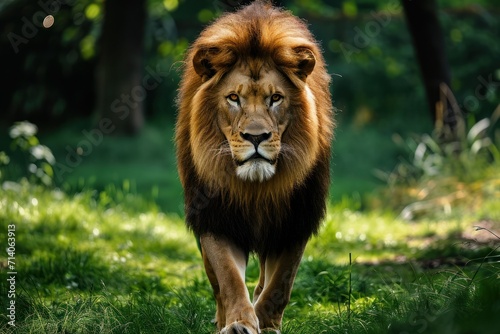 the lion is walking through the grass