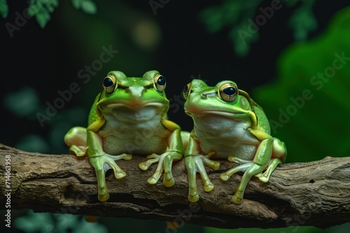 two green frogs on a tree branch with dark background