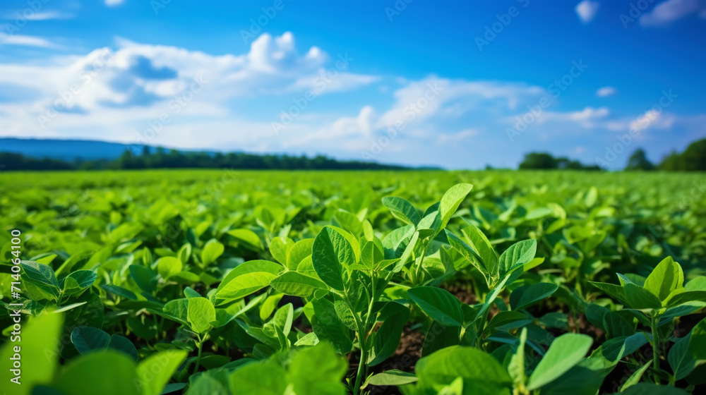 Green ripening soybean field, agricultural landscape. Generative AI Green ripening soybean field, agricultural landscape. Generative AI