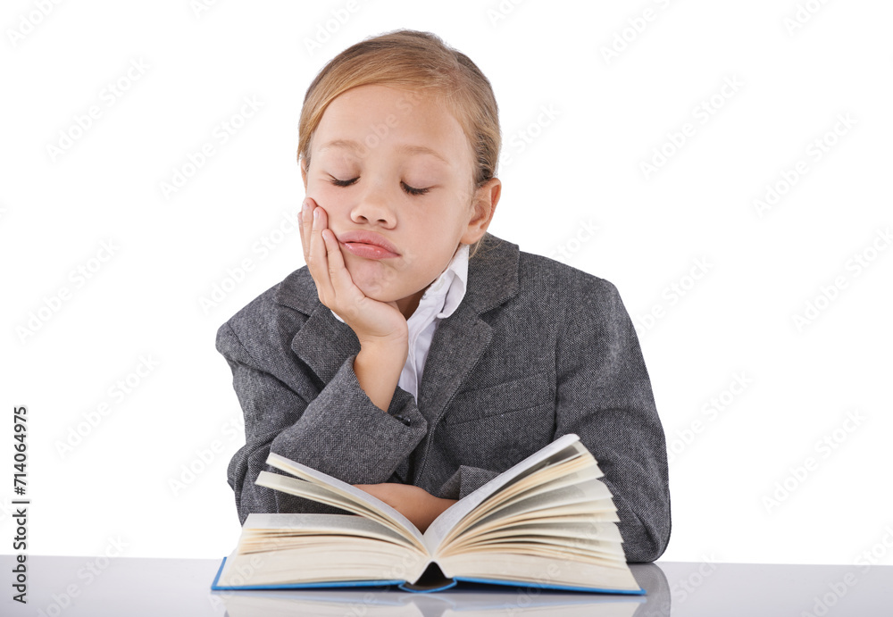 Sleeping, child and reading book in studio, learning and fiction novel on white background. Female person, fatigue and info for education, exhausted and tired for studying literacy and knowledge Sleeping, child and reading book in studio, learning and fiction novel on white background. Female person, fatigue and info for education, exhausted and tired for studying literacy and knowledge