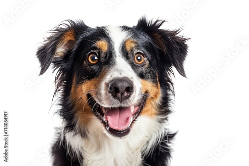 a happy and smiling dog faces a white background
