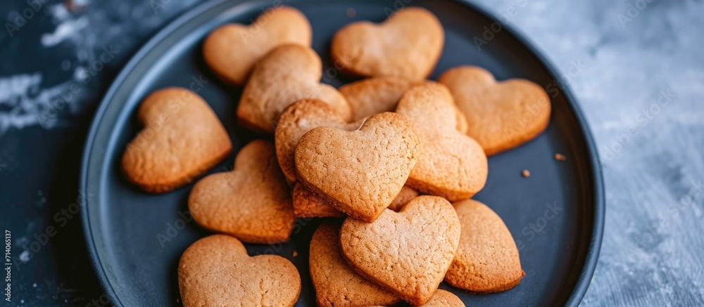 Top view of heart-shaped cookies on a plate. Top view of heart-shaped cookies on a plate.