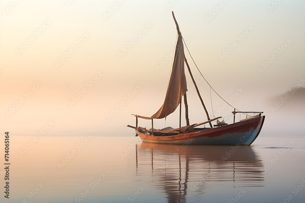 Anchored Dhow Boat Amidst Foggy Morning - A Symbol of Ancient Maritime Tradition