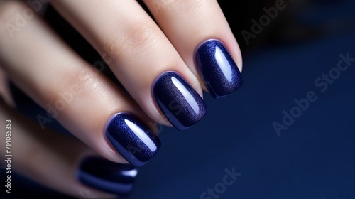 Glamour woman hand with navy blue nail polish on her fingernails. Navy nail manicure with gel polish at luxury beauty salon. Nail art and design. Female hand model. French manicure 