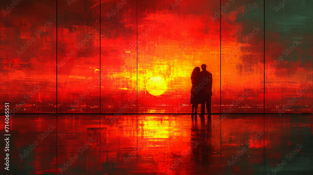 a silhouette of a hugging couple at an airport terminal during sunset. AI generative