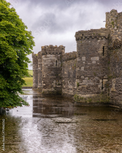 Exterior of an old stone medieval castle - Beaumaris Castle, Anglesey North Wales