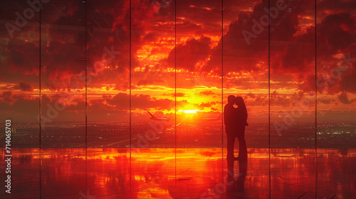 a silhouette of a hugging couple at an airport terminal during sunset. AI generative