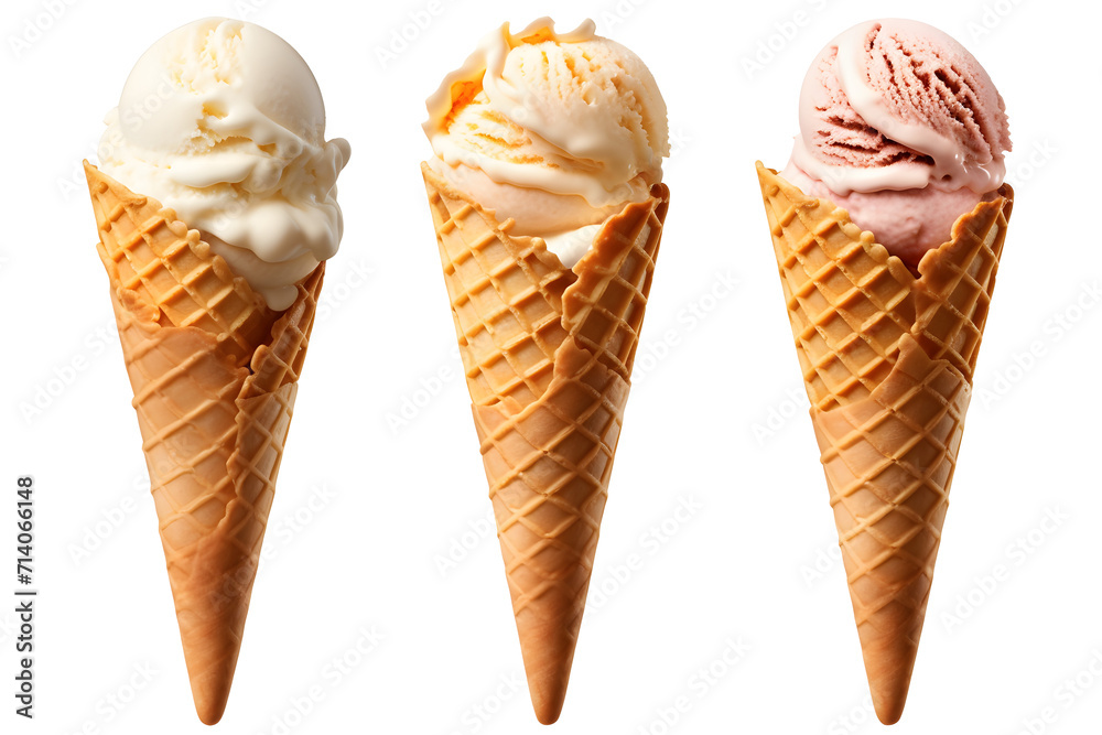 Ice cream scoop on waffle cone on transparent background cutout, PNG file. Many assorted different flavour Mockup template for artwork design. Ice cream scoop on waffle cone on transparent background cutout, PNG file. Many assorted different flavour Mockup template for artwork design.