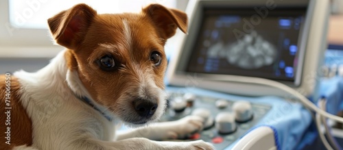 Small Jack Russell Terrier receiving ultrasound at vet clinic.