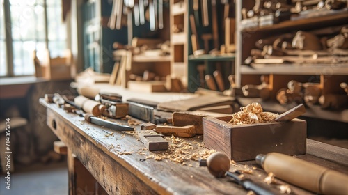 Traditional Carpentry Workshop with Woodworking Tools and Shavings