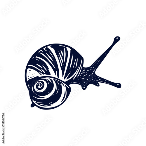 Handmade blockprint snail vector motif clipart in folkart scandi style. Simple monochrome linocut mollusc shapes with naive rural lineart.