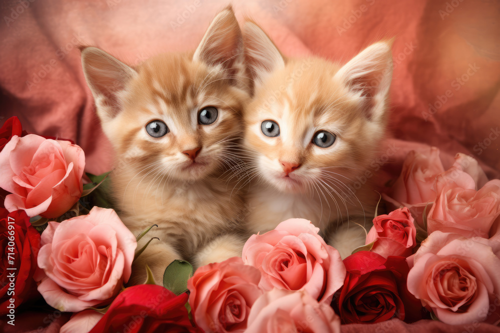 Two Fluffy Orange Tan Kittens Surrounded by Roses, Generative AI