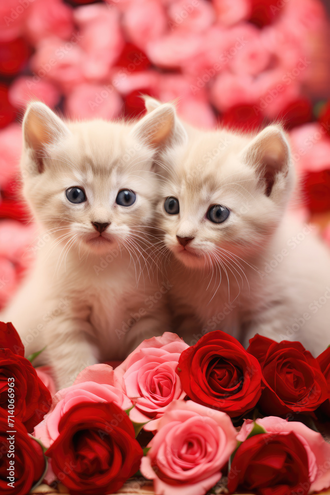 Two Cute Fluffy White Kittens Cuddling Surrounded by Red and Pink Roses, Generative AI