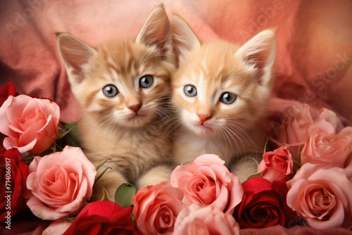 Obraz na płótnie Two Fluffy Orange Tan Kittens Surrounded by Roses, Generative AI w salonie