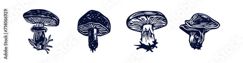 Handmade blockprint mushroom vector motif clipart set in folkart scandi style. Simple monochrome linocut fungi shapes with naive rural lineart collection.  photo