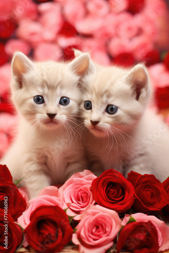 Obraz na płótnie Two Cute Fluffy White Kittens Cuddling Surrounded by Red and Pink Roses, Generative AI w salonie